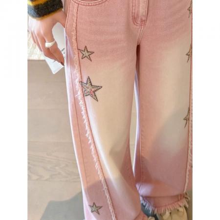 BY16527# 高腰直筒阔腿裤韩系独特设计感星星刺绣粉色牛仔裤女宽松阔腿长裤  服裝批發女裝批發服飾貨源