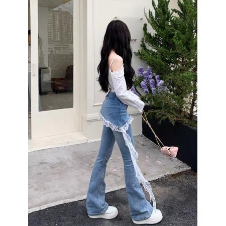 BY16528# 服饰法式蕾丝花边微喇牛仔裤女夏款假两件高腰显瘦拖地裤子  服裝批發女裝批發服飾貨源