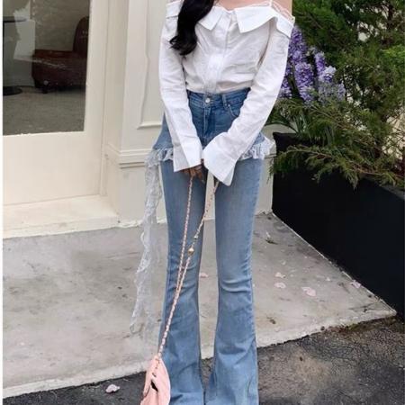 BY16528# 服饰法式蕾丝花边微喇牛仔裤女夏款假两件高腰显瘦拖地裤子  服裝批發女裝批發服飾貨源