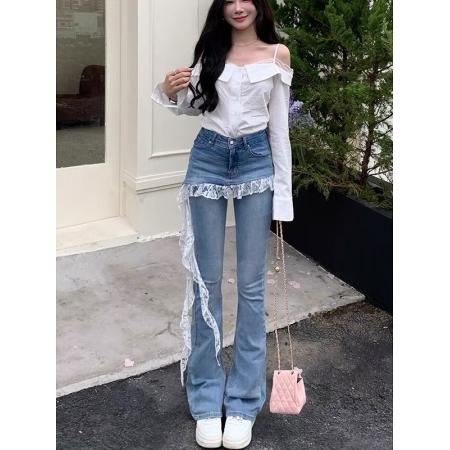 BY16528# 服饰法式蕾丝花边微喇牛仔裤女夏款假两件高腰显瘦拖地裤子  服裝批發女裝批發服飾貨源