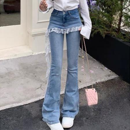 BY16528# 服饰法式蕾丝花边微喇牛仔裤女夏款假两件高腰显瘦拖地裤子  服裝批發女裝批發服飾貨源