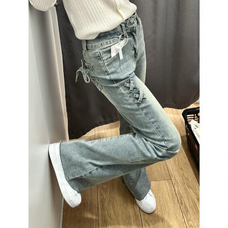 BY16529# 美式复古低腰微喇牛仔裤女设计感双排扣宽松直筒阔腿喇叭裤子  服裝批發女裝批發服飾貨源