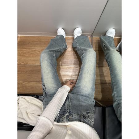 BY16529# 美式复古低腰微喇牛仔裤女设计感双排扣宽松直筒阔腿喇叭裤子  服裝批發女裝批發服飾貨源