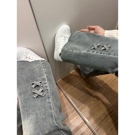 BY16529# 美式复古低腰微喇牛仔裤女设计感双排扣宽松直筒阔腿喇叭裤子  服裝批發女裝批發服飾貨源