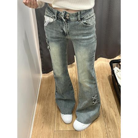 BY16529# 美式复古低腰微喇牛仔裤女设计感双排扣宽松直筒阔腿喇叭裤子  服裝批發女裝批發服飾貨源