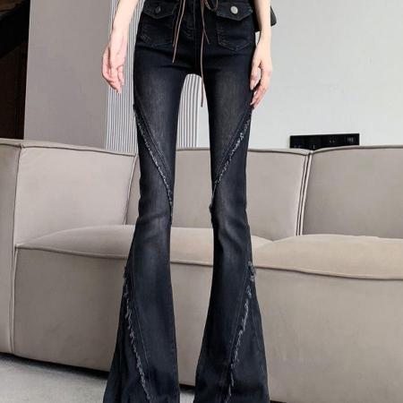 BY16531# 复古毛边微喇牛仔裤女新款高腰显瘦修身黑色马蹄喇叭长裤  服裝批發女裝批發服飾貨源