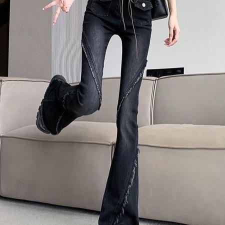 BY16531# 复古毛边微喇牛仔裤女新款高腰显瘦修身黑色马蹄喇叭长裤  服裝批發女裝批發服飾貨源