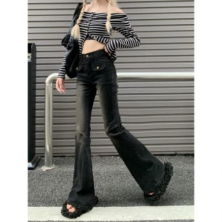 BY16532# 黑色喇叭裤高腰显瘦微喇牛仔裤女新款直筒辣妹设计感拖地裤子  服裝批發女裝批發服飾貨源