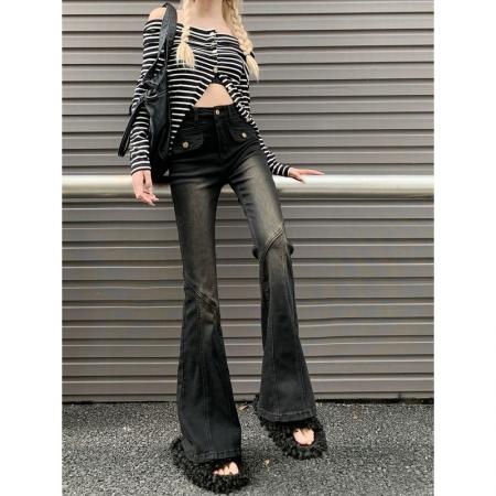 BY16532# 黑色喇叭裤高腰显瘦微喇牛仔裤女新款直筒辣妹设计感拖地裤子  服裝批發女裝批發服飾貨源