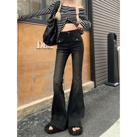 BY16532# 黑色喇叭裤高腰显瘦微喇牛仔裤女新款直筒辣妹设计感拖地裤子  服裝批發女裝批發服飾貨源