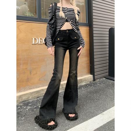 BY16532# 黑色喇叭裤高腰显瘦微喇牛仔裤女新款直筒辣妹设计感拖地裤子  服裝批發女裝批發服飾貨源
