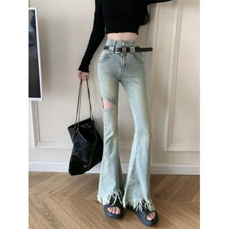 BY16533# 高腰显瘦毛边牛仔裤直筒长裤修身复古破洞裤子微喇叭裤女新款  服裝批發女裝批發服飾貨源