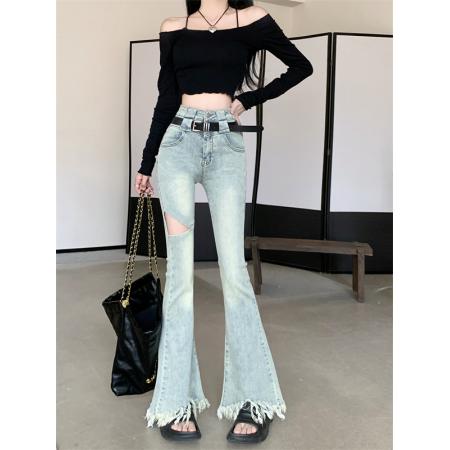 BY16533# 高腰显瘦毛边牛仔裤直筒长裤修身复古破洞裤子微喇叭裤女新款  服裝批發女裝批發服飾貨源