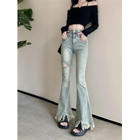 BY16533# 高腰显瘦毛边牛仔裤直筒长裤修身复古破洞裤子微喇叭裤女新款  服裝批發女裝批發服飾貨源