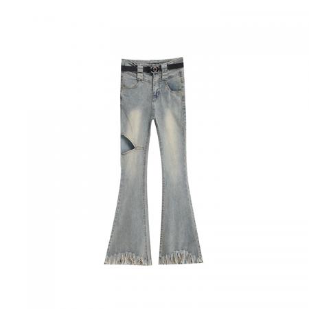 BY16533# 高腰显瘦毛边牛仔裤直筒长裤修身复古破洞裤子微喇叭裤女新款  服裝批發女裝批發服飾貨源