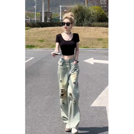 BY16536# 美式复古破洞牛仔裤女夏季新款高腰直筒显瘦小众设计感高街拖地裤  服裝批發女裝批發服飾貨源