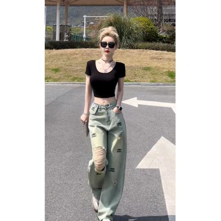 BY16536# 美式复古破洞牛仔裤女夏季新款高腰直筒显瘦小众设计感高街拖地裤  服裝批發女裝批發服飾貨源