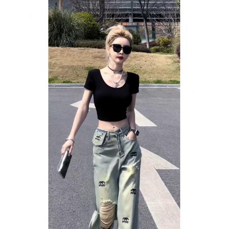 BY16536# 美式复古破洞牛仔裤女夏季新款高腰直筒显瘦小众设计感高街拖地裤  服裝批發女裝批發服飾貨源