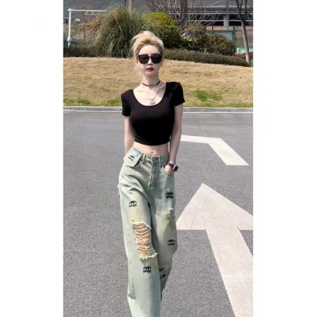 BY16536# 美式复古破洞牛仔裤女夏季新款高腰直筒显瘦小众设计感高街拖地裤  服裝批發女裝批發服飾貨源