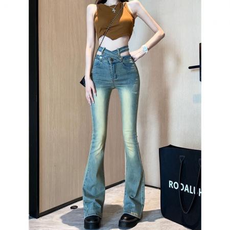 BY16537# 渐变色牛仔马蹄裤女春复古辣妹交叉镂空高腰裤弹力提臀微喇叭裤  服裝批發女裝批發服飾貨源