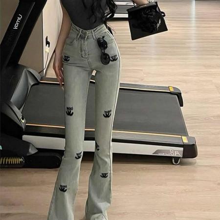 BY16538# 小香风立体印花牛仔微喇裤女春新款高腰弹力修身喇叭裤马蹄长裤  服裝批發女裝批發服飾貨源