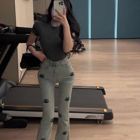 BY16538# 小香风立体印花牛仔微喇裤女春新款高腰弹力修身喇叭裤马蹄长裤  服裝批發女裝批發服飾貨源