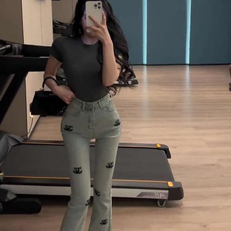 BY16538# 小香风立体印花牛仔微喇裤女春新款高腰弹力修身喇叭裤马蹄长裤  服裝批發女裝批發服飾貨源