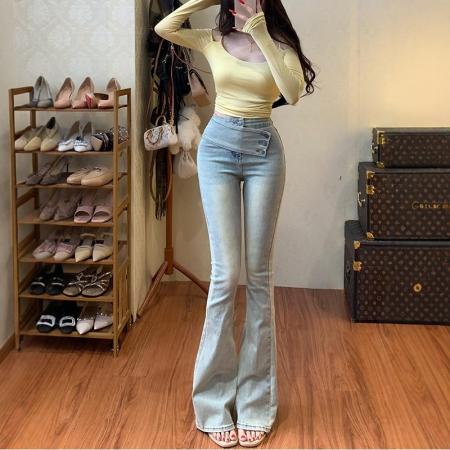 BY16539# 斜扣腰带设计微喇牛仔裤女韩漫腰臀比高腰显瘦长裤  服裝批發女裝批發服飾貨源