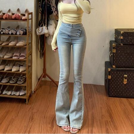 BY16539# 斜扣腰带设计微喇牛仔裤女韩漫腰臀比高腰显瘦长裤  服裝批發女裝批發服飾貨源