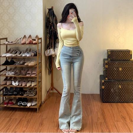 BY16539# 斜扣腰带设计微喇牛仔裤女韩漫腰臀比高腰显瘦长裤  服裝批發女裝批發服飾貨源