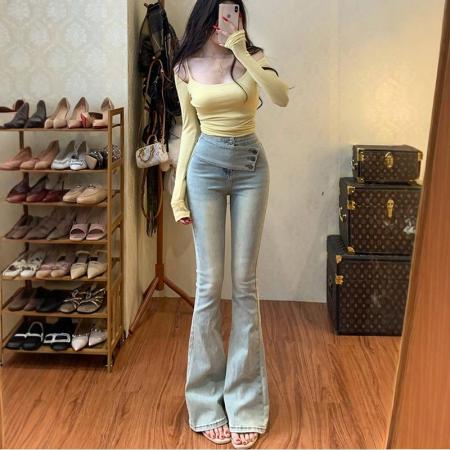 BY16539# 斜扣腰带设计微喇牛仔裤女韩漫腰臀比高腰显瘦长裤  服裝批發女裝批發服飾貨源