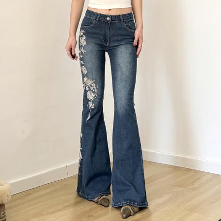 BY16541# 中古风玫瑰刺绣蓝色牛仔裤修身显瘦喇叭裤女  服裝批發女裝批發服飾貨源