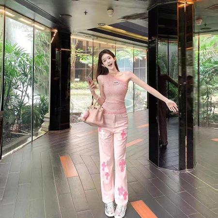 BY16542# 美式重工粉色刺绣高腰直筒牛仔裤女新款宽松阔腿裤长裤  服裝批發女裝批發服飾貨源