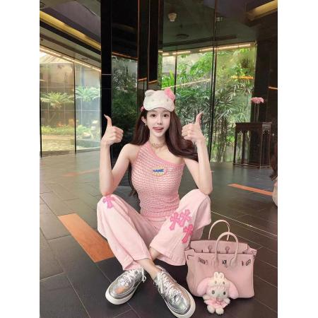 BY16542# 美式重工粉色刺绣高腰直筒牛仔裤女新款宽松阔腿裤长裤  服裝批發女裝批發服飾貨源