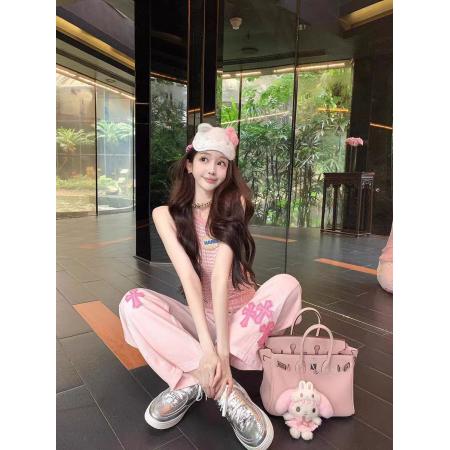 BY16542# 美式重工粉色刺绣高腰直筒牛仔裤女新款宽松阔腿裤长裤  服裝批發女裝批發服飾貨源