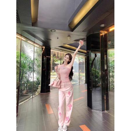 BY16542# 美式重工粉色刺绣高腰直筒牛仔裤女新款宽松阔腿裤长裤  服裝批發女裝批發服飾貨源