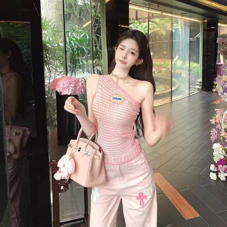 BY16542# 美式重工粉色刺绣高腰直筒牛仔裤女新款宽松阔腿裤长裤  服裝批發女裝批發服飾貨源