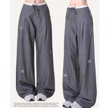 BY16543# 独特蝴蝶结灰色条纹西装裤女假两件高腰宽松阔腿休闲裤  服裝批發女裝批發服飾貨源