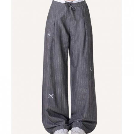 BY16543# 独特蝴蝶结灰色条纹西装裤女假两件高腰宽松阔腿休闲裤  服裝批發女裝批發服飾貨源