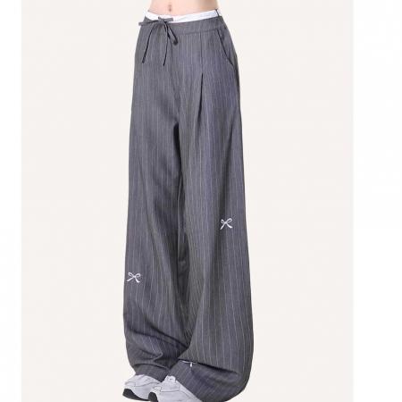 BY16543# 独特蝴蝶结灰色条纹西装裤女假两件高腰宽松阔腿休闲裤  服裝批發女裝批發服飾貨源