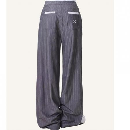 BY16543# 独特蝴蝶结灰色条纹西装裤女假两件高腰宽松阔腿休闲裤  服裝批發女裝批發服飾貨源