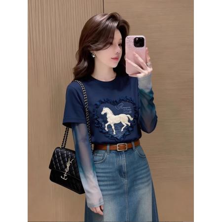 BY16545# 官拍大码女装印花网纱拼接长袖t恤假两件夏季新款设计感修身上衣  服裝批發女裝批發服飾貨源