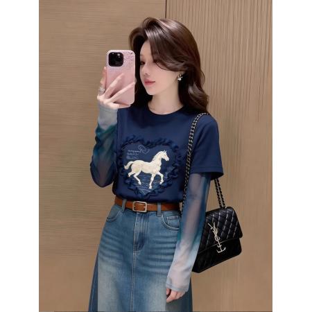 BY16545# 官拍大码女装印花网纱拼接长袖t恤假两件夏季新款设计感修身上衣  服裝批發女裝批發服飾貨源