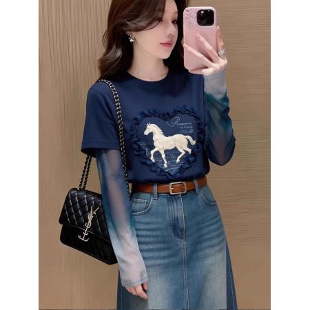 BY16545# 官拍大码女装印花网纱拼接长袖t恤假两件夏季新款设计感修身上衣  服裝批發女裝批發服飾貨源