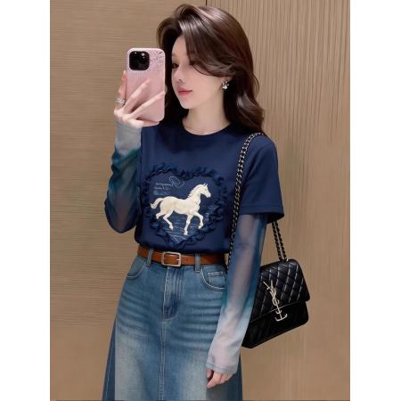 BY16545# 官拍大码女装印花网纱拼接长袖t恤假两件夏季新款设计感修身上衣  服裝批發女裝批發服飾貨源