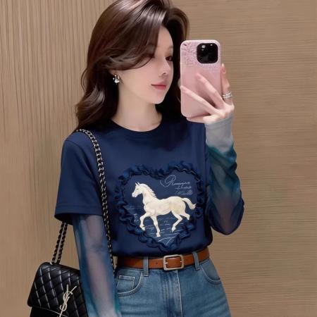 BY16545# 官拍大码女装印花网纱拼接长袖t恤假两件夏季新款设计感修身上衣  服裝批發女裝批發服飾貨源