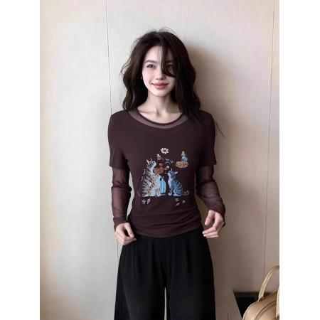 BY16546# 官拍大码女装网纱拼接假两件上衣女装夏季新款卡通印花设计感T恤  服裝批發女裝批發服飾貨源