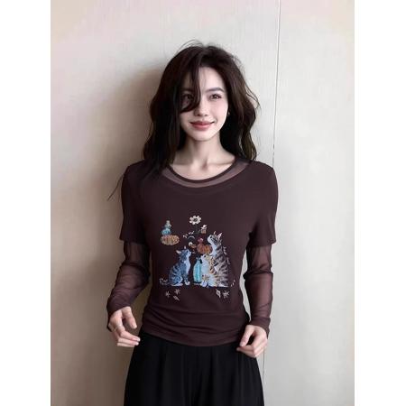 BY16546# 官拍大码女装网纱拼接假两件上衣女装夏季新款卡通印花设计感T恤  服裝批發女裝批發服飾貨源
