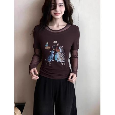 BY16546# 官拍大码女装网纱拼接假两件上衣女装夏季新款卡通印花设计感T恤  服裝批發女裝批發服飾貨源