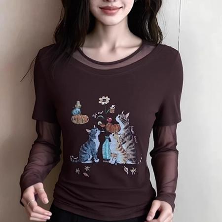 BY16546# 官拍大码女装网纱拼接假两件上衣女装夏季新款卡通印花设计感T恤  服裝批發女裝批發服飾貨源